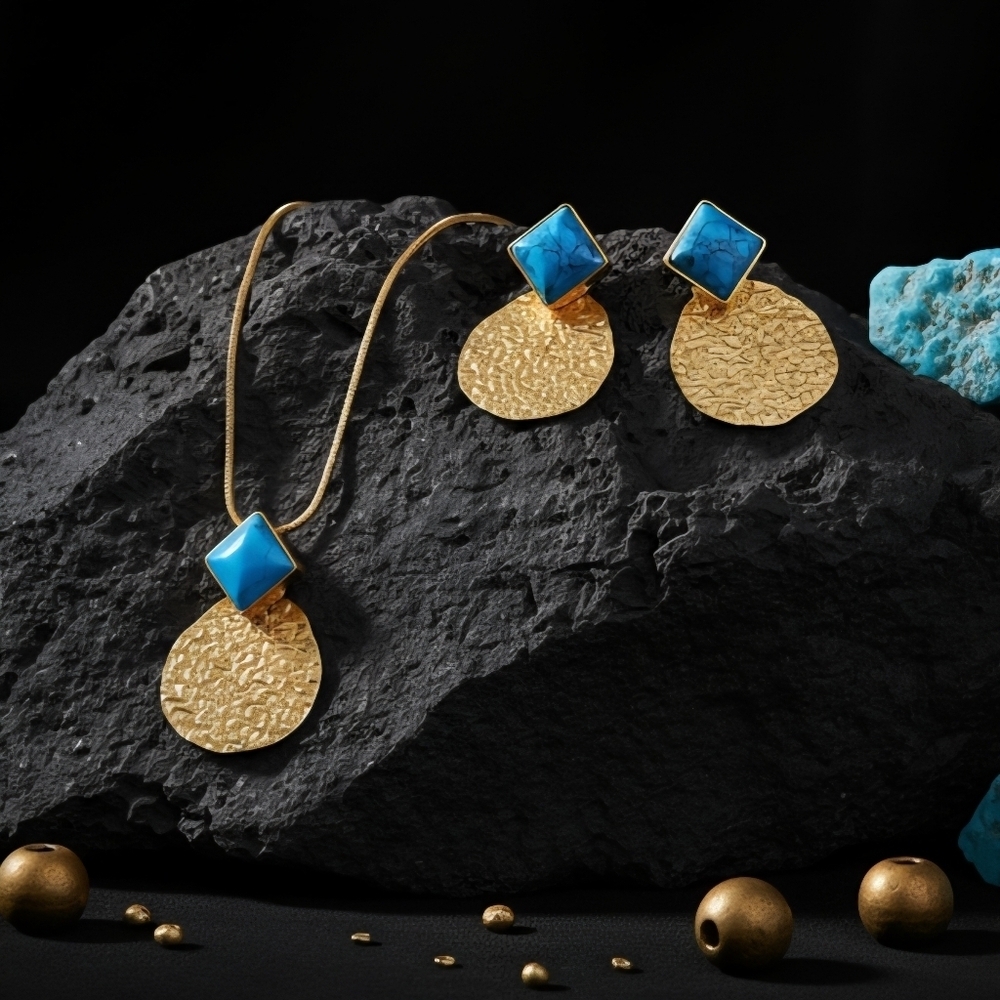 Gold Stainless Steel Turquoise Jewelry Set Textured Pendant Necklace Earrings
